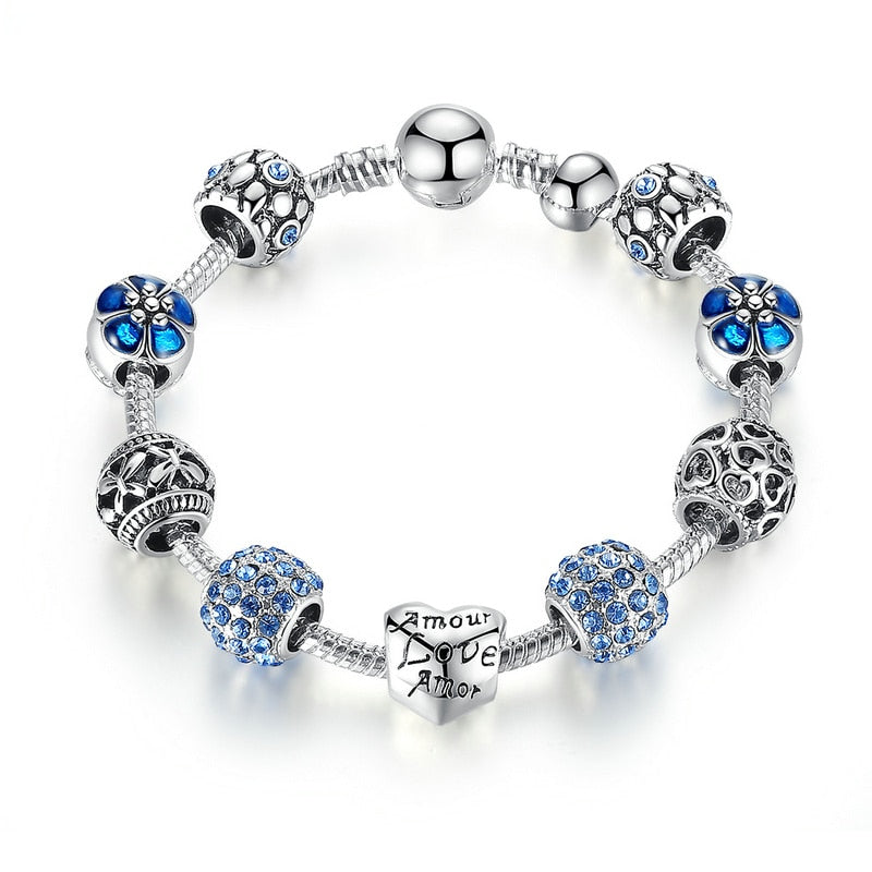 Silver Plated Charm Flower Beads Wedding Bracelet