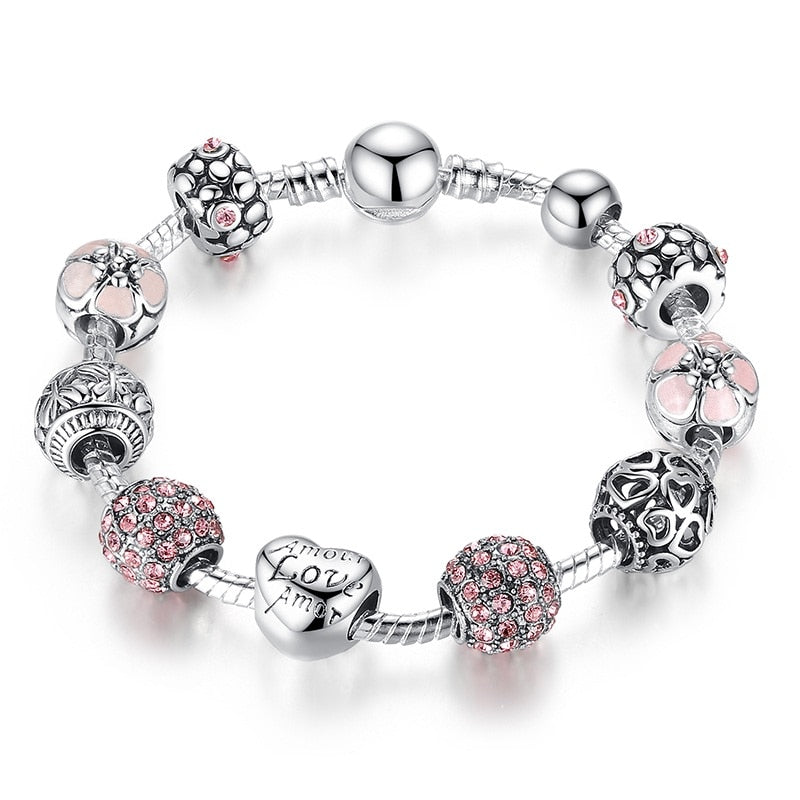 Silver Plated Charm Flower Beads Wedding Bracelet