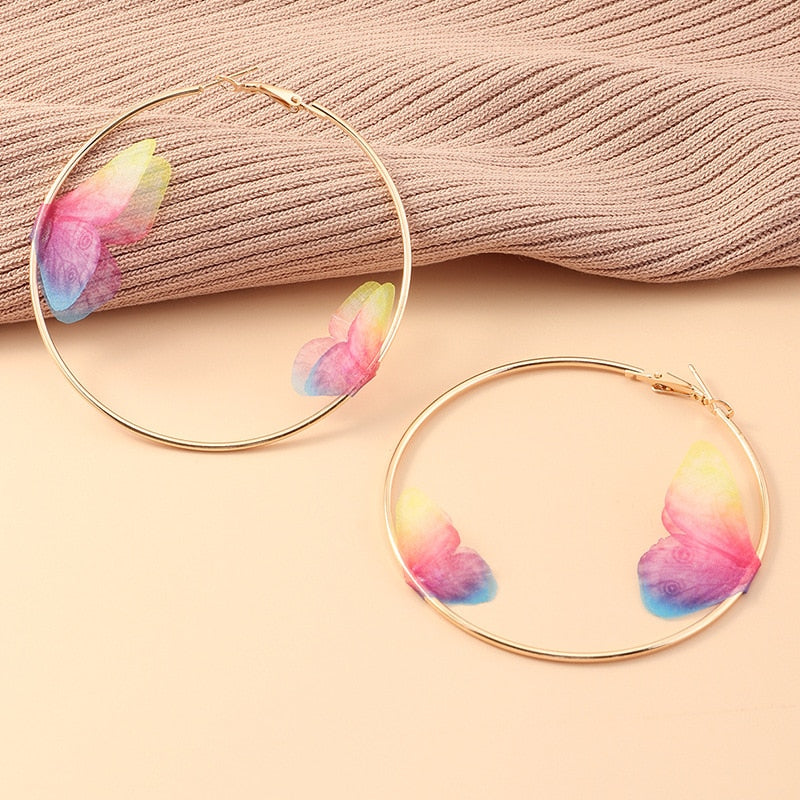 Round Circle Double Butterfly Hoop Earrings