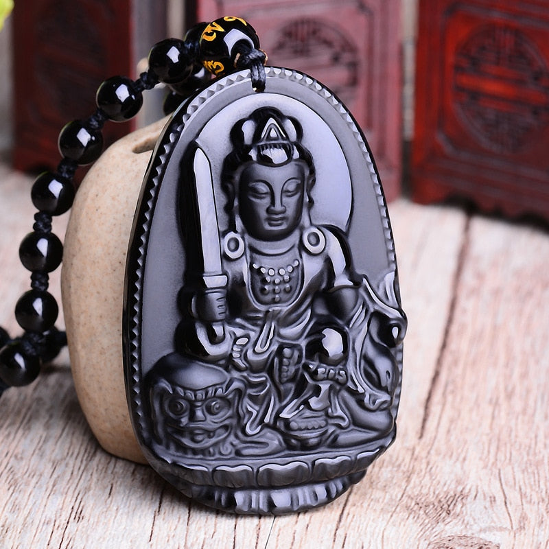 Buddha Black Obsidian Six Stars Lucky Amulet Necklace