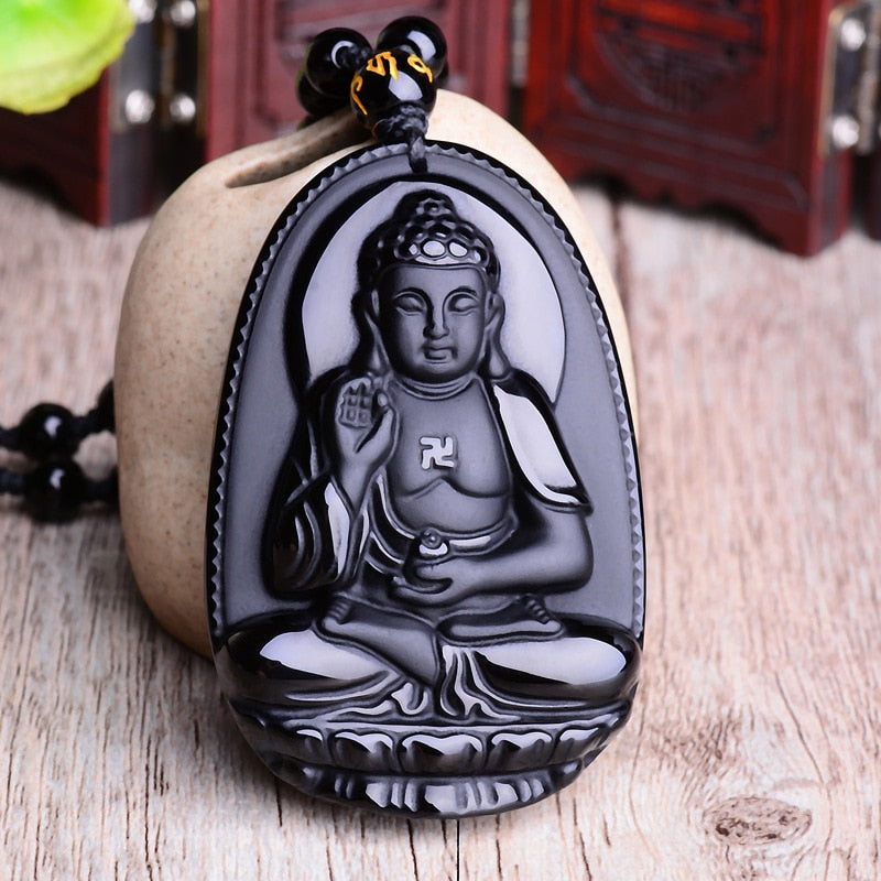 Buddha Black Obsidian Six Stars Lucky Amulet Necklace