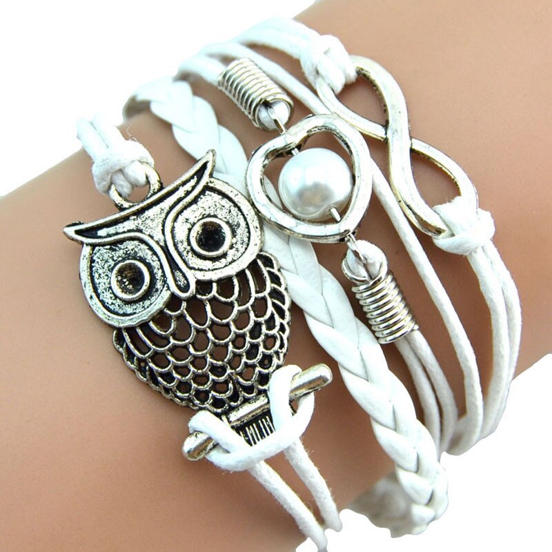 Stainless Steel Leather Owl Charm Bracelet