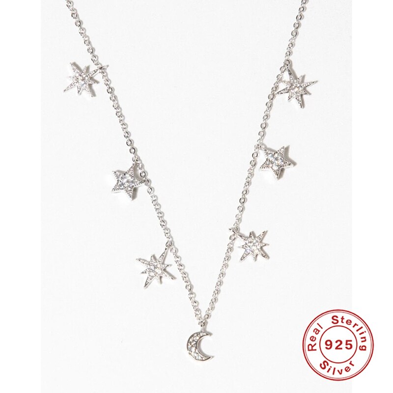 Diamond Stars Moon 925 Sterling Silver Necklace