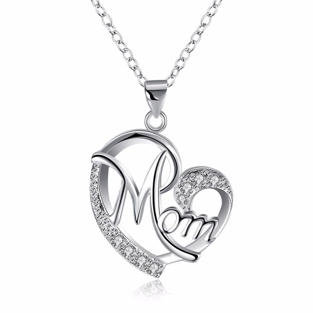 Crystal Silver Plated Heart Mother Necklace - Kirijewels.com
