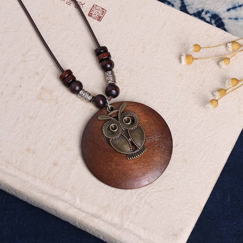 Delilah Round Wooden Long Sweater Chain Necklace