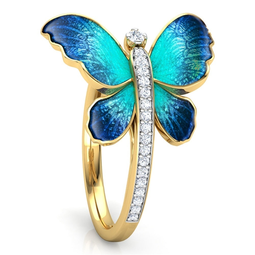Enamel Crystal Butterfly Wedding Ring