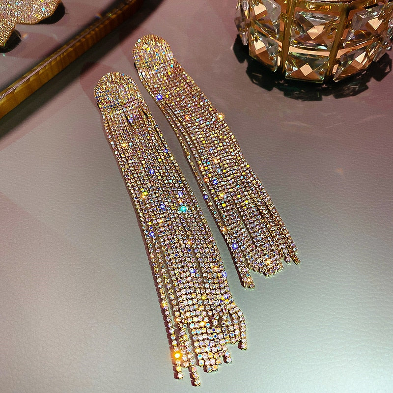 Amara Long Tassel Rhinestone Crystal Dangle Earrings