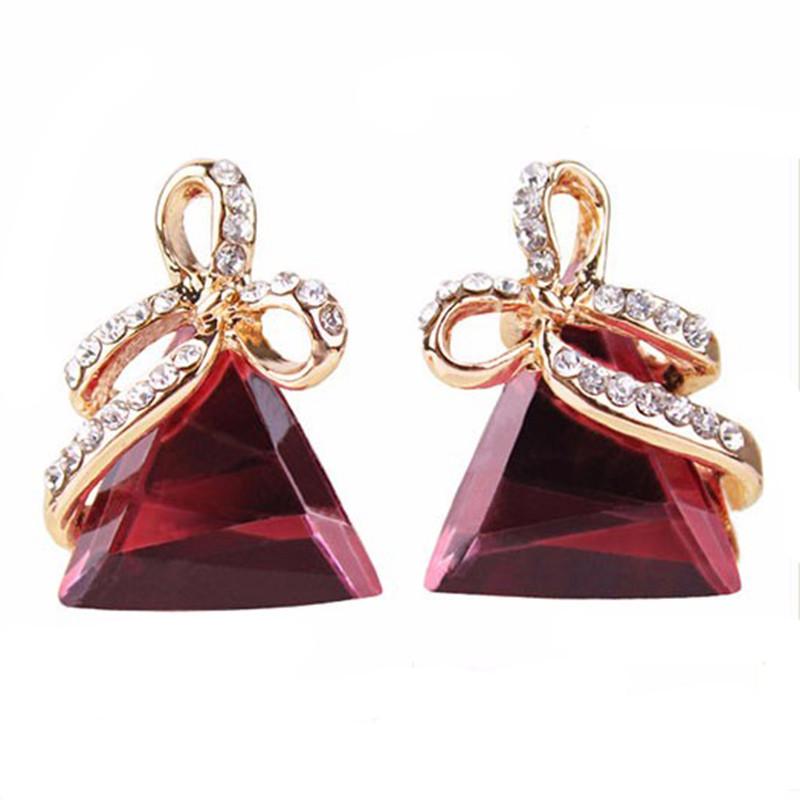 Austrian Crystal Gold Triangle Bow Rhinestone Stud Earrings-Stud Earrings-Kirijewels.com-Red E90 A-Kirijewels.com