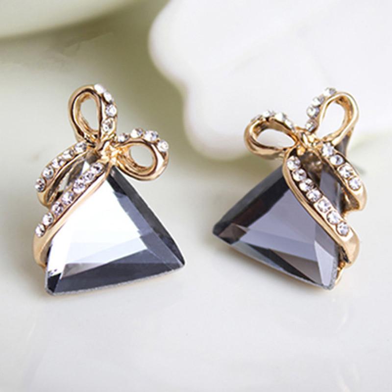 Austrian Crystal Gold Triangle Bow Rhinestone Stud Earrings-Stud Earrings-Kirijewels.com-Purple E90E-Kirijewels.com