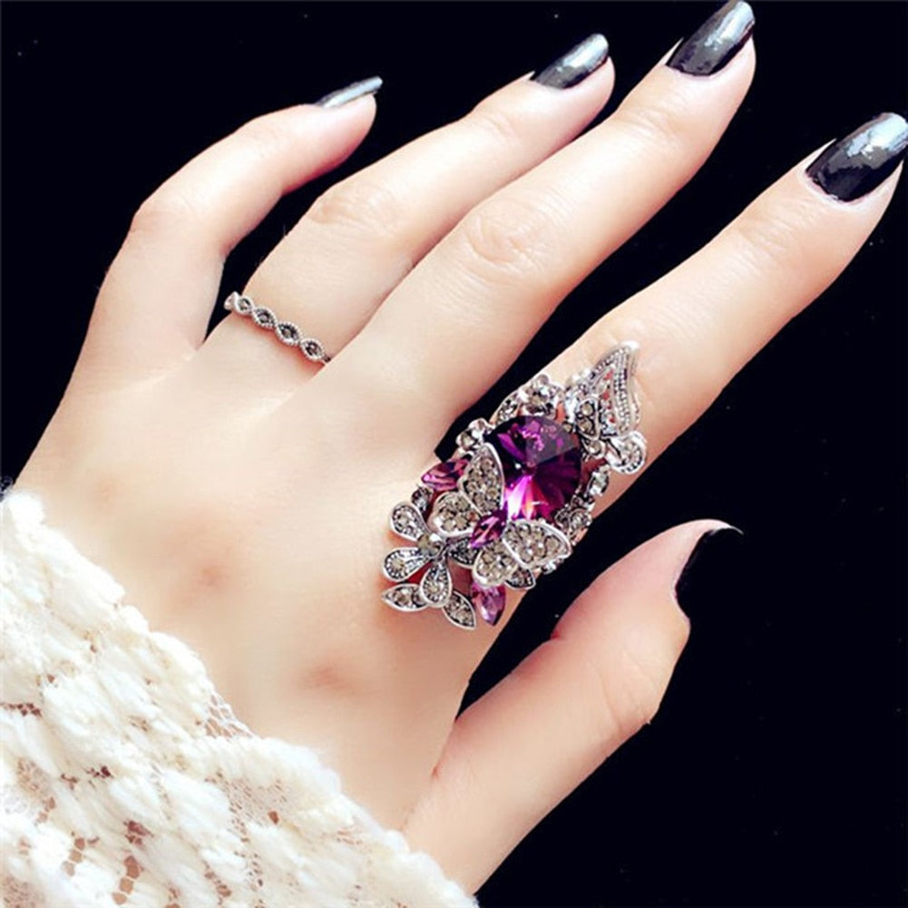 Rhinestone Classic Floral Butterfly Wedding Ring