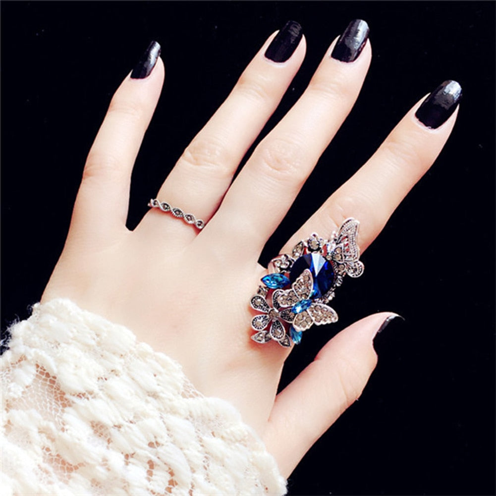 Rhinestone Classic Floral Butterfly Wedding Ring