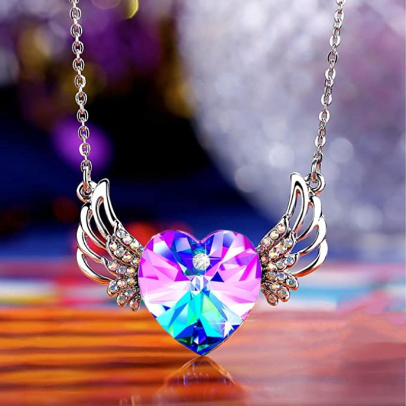 Crystal Angel Heart Wing Wedding Necklace