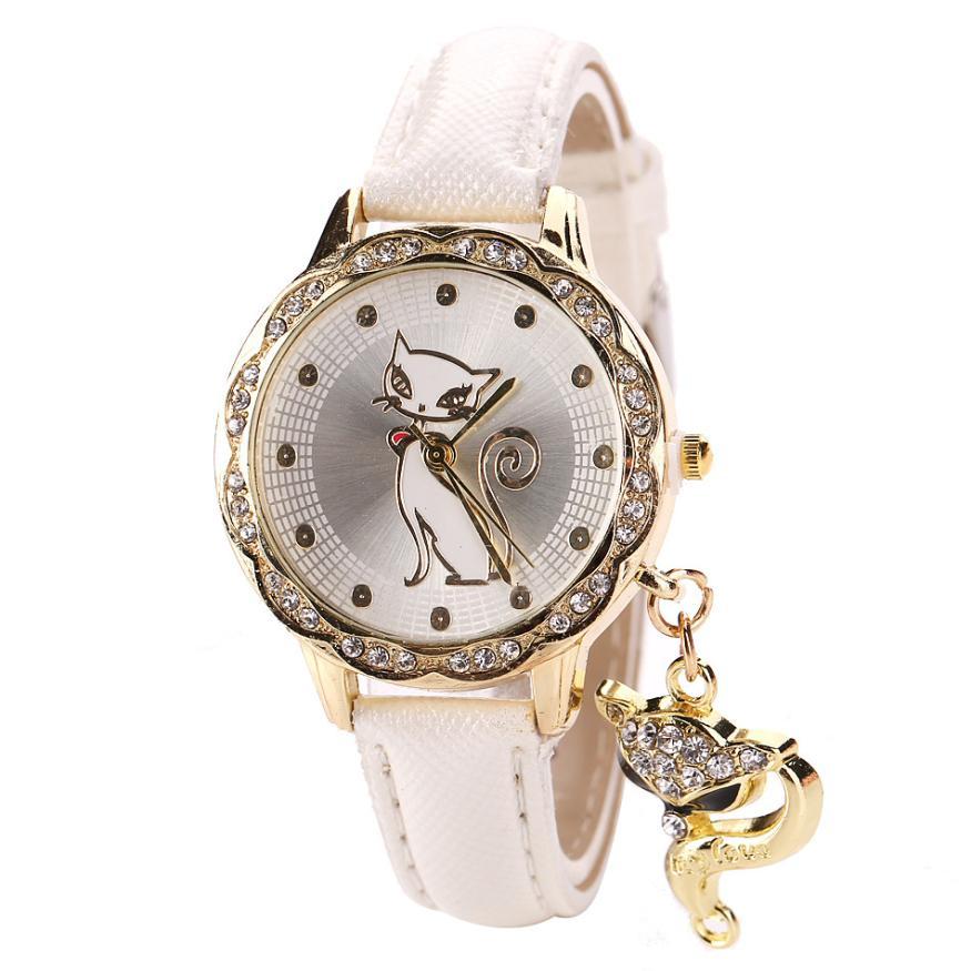 Luxury Diamond Leather Band Cat Wrist Watch-Women's Watches-Kirijewels.com-White-China-Kirijewels.com