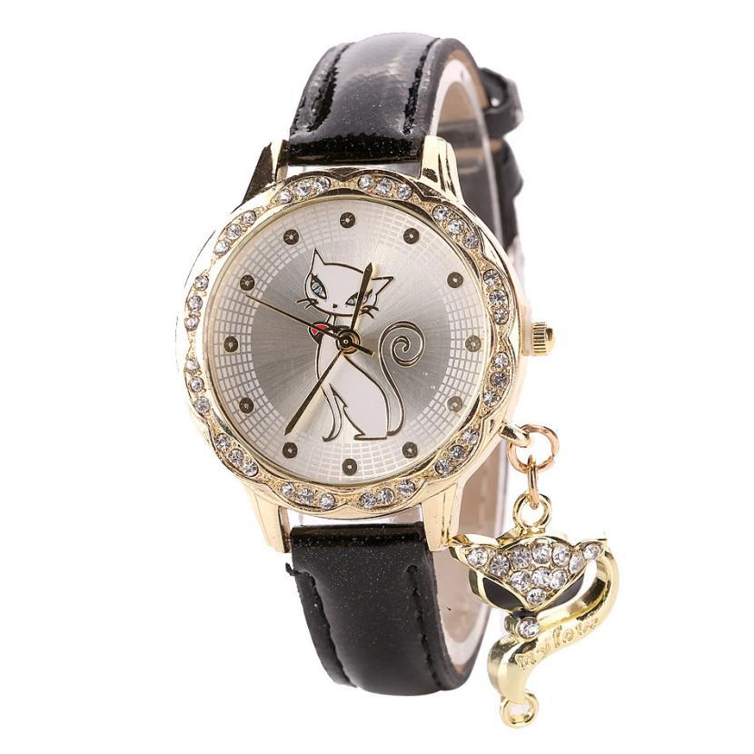 Luxury Diamond Leather Band Cat Wrist Watch-Women's Watches-Kirijewels.com-Black-China-Kirijewels.com