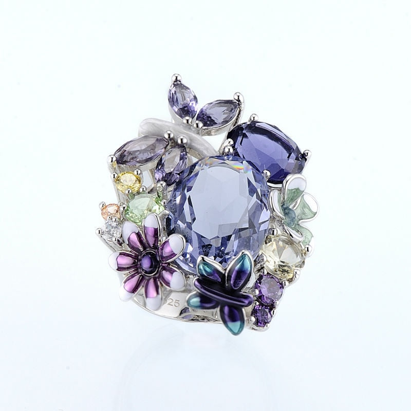 Handmade Enamel Crystal Bouquet Flower Butterfly Ring