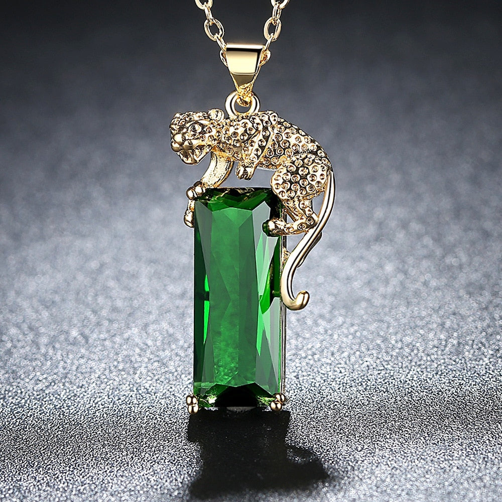 Exquisite Inlaid Green Crystal Panther Necklace