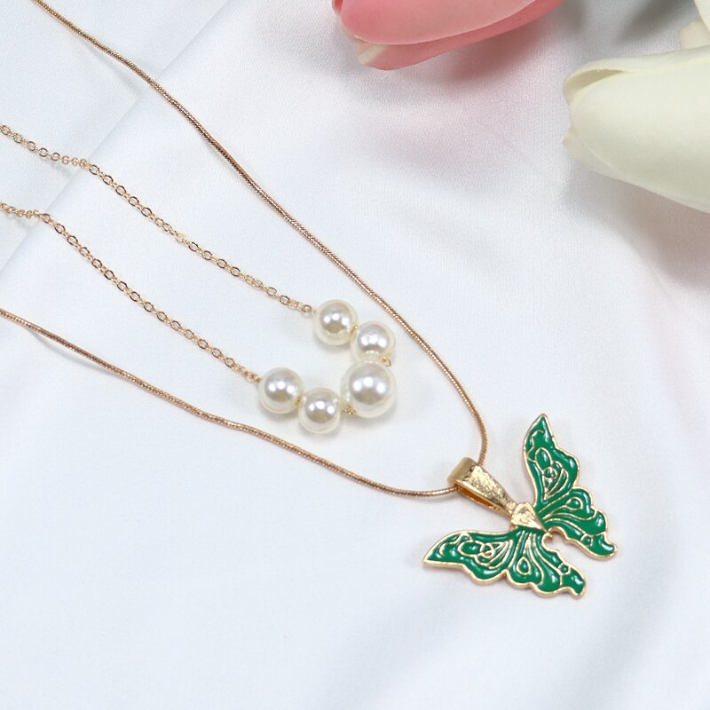 Double Choker Chain Pearl  Butterfly Necklace