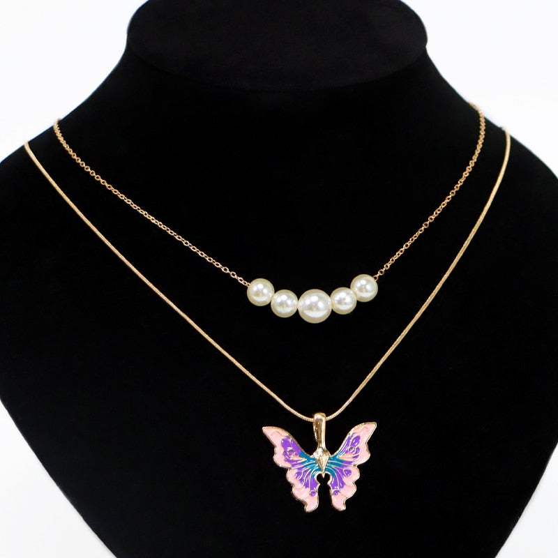 Double Choker Chain Pearl  Butterfly Necklace