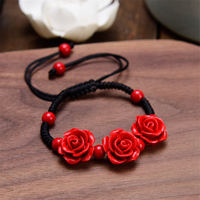 Handicraft Cinnabar Rose Flower Bracelet