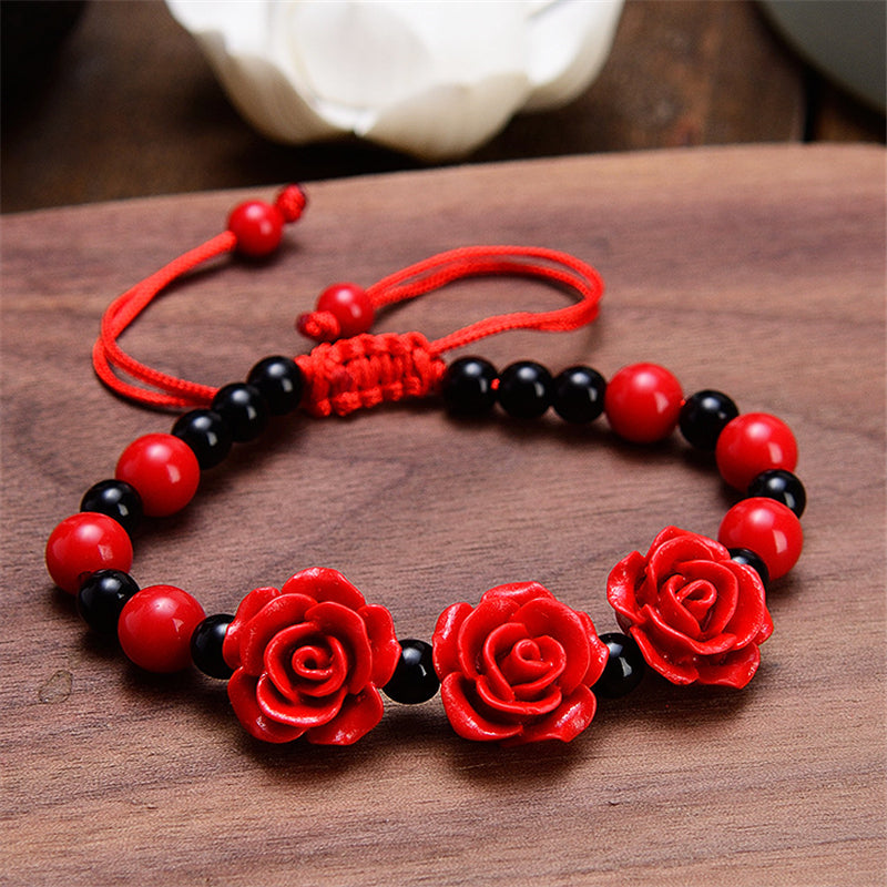 Handicraft Cinnabar Rose Flower Bracelet
