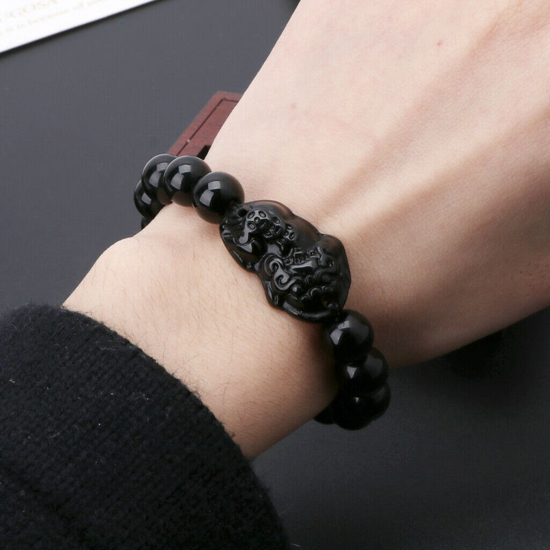 Buddhist Obsidian Stone Beads Bracelet