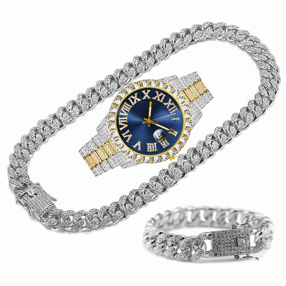 Full Iced Out Cuban Link Chain Watch Set