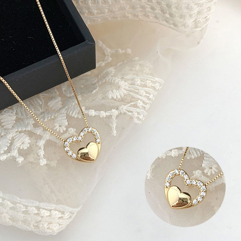 Shining Bling Double Layer Wedding Heart Chain Necklace
