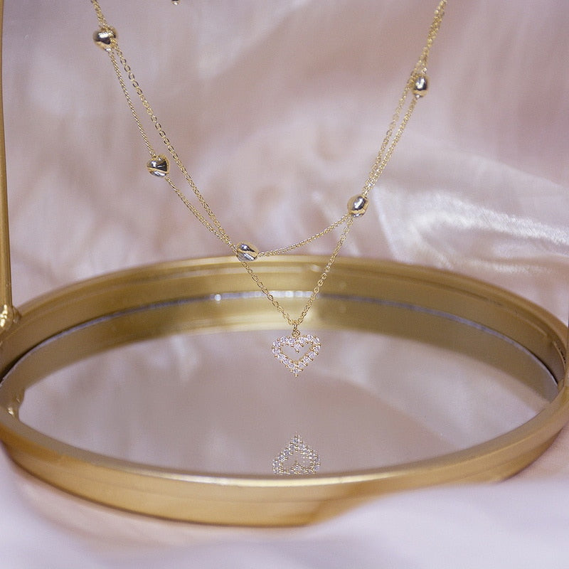 Shining Bling Double Layer Wedding Heart Chain Necklace