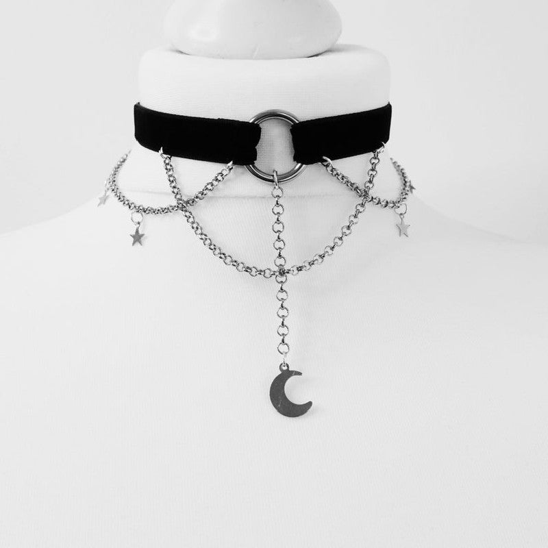 Gothic Crescent Moon And Stars Choker Necklace