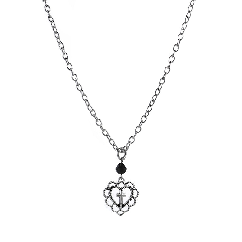 Rock Metal Gothic Hollow Heart Cross Necklace