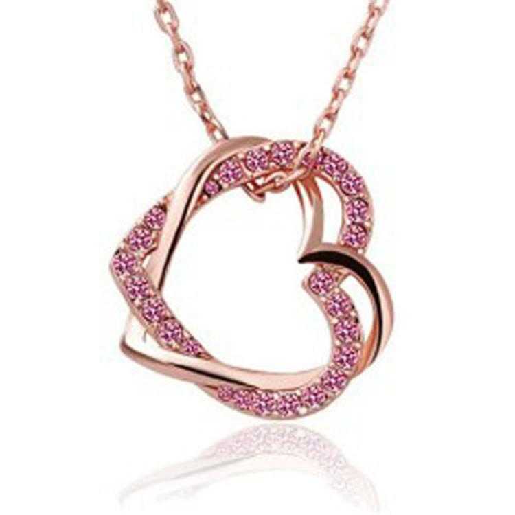 Austrian Crystal Double Heart Necklace-Necklace-Kirijewels.com-Gold Pink-Kirijewels.com