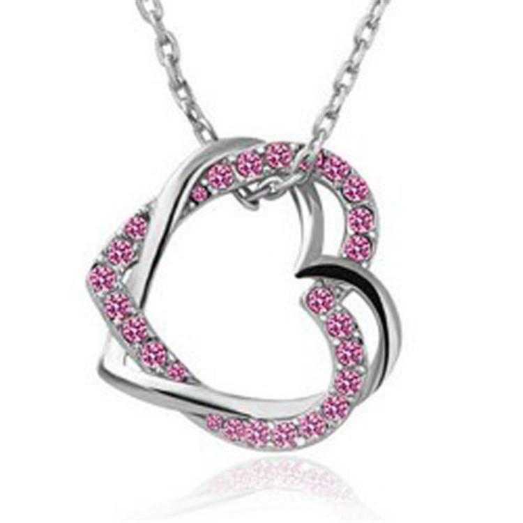 Austrian Crystal Double Heart Necklace-Necklace-Kirijewels.com-Silver Pink-Kirijewels.com