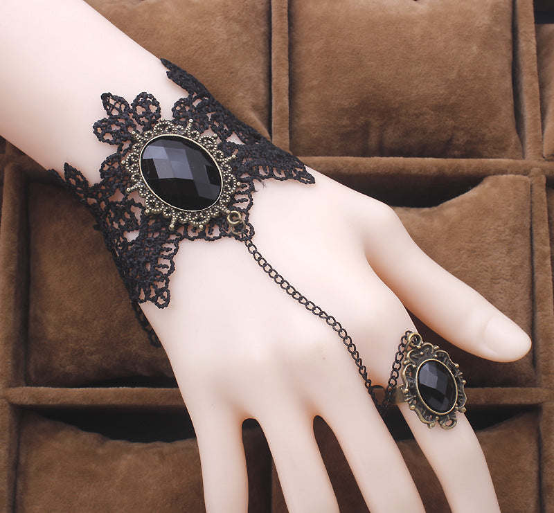 Black Lace Finger Hand Chain Charm Bracelet