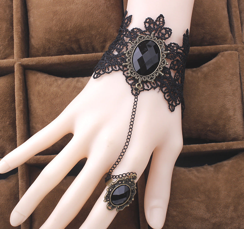 Black Lace Finger Hand Chain Charm Bracelet