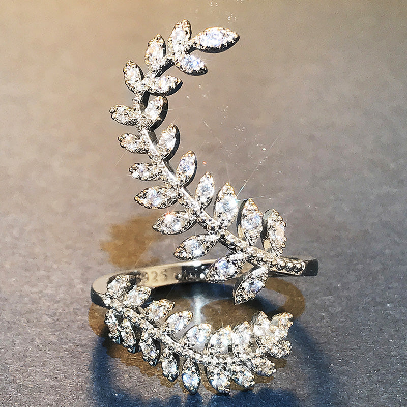Cocktail Crystal Zircon Leaves Open Ring