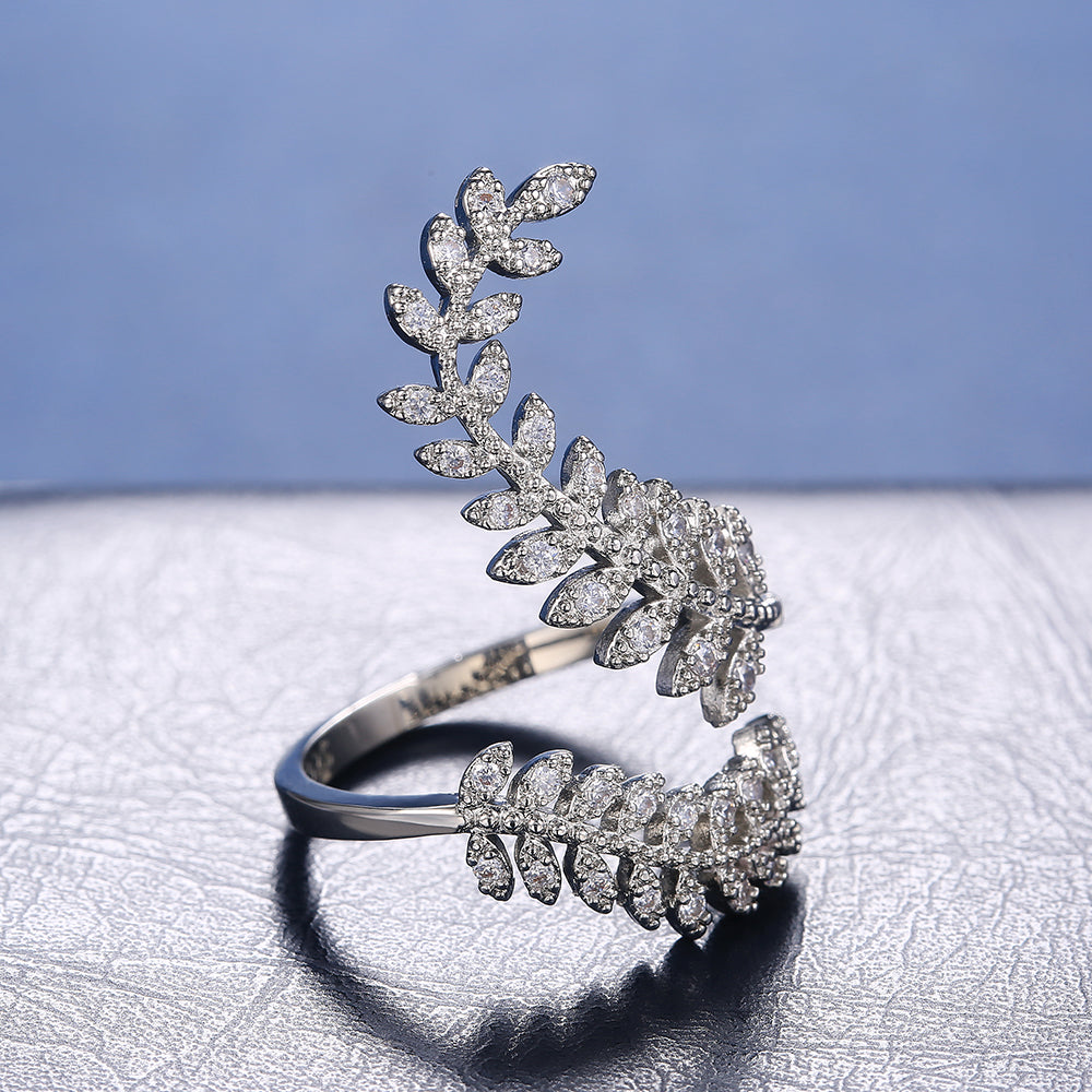 Cocktail Crystal Zircon Leaves Open Ring