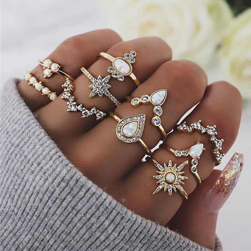Bohemian Flower Crystal Knuckle Ring Set