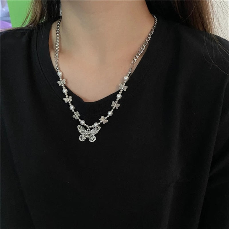 Stainless Steel Clavicle Butterfly Chain Necklace —