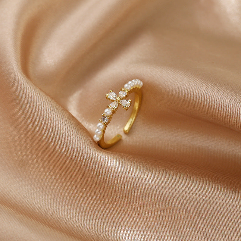 Vintage Pearl Zircon Gold Open Ring