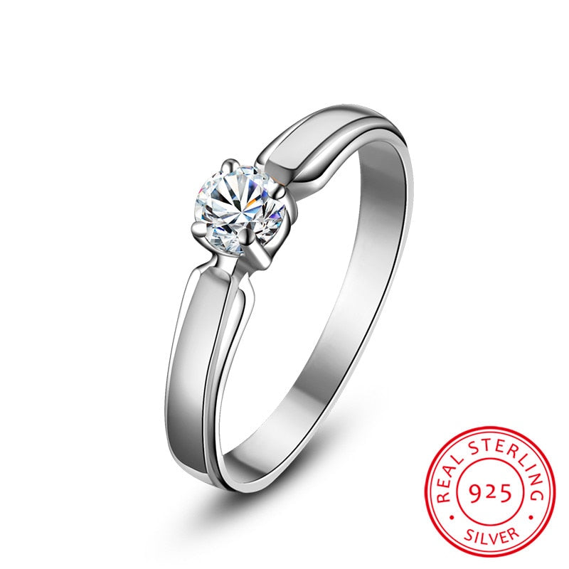 Crystal Solitaire Real 925 Sterling Silver Wedding Ring