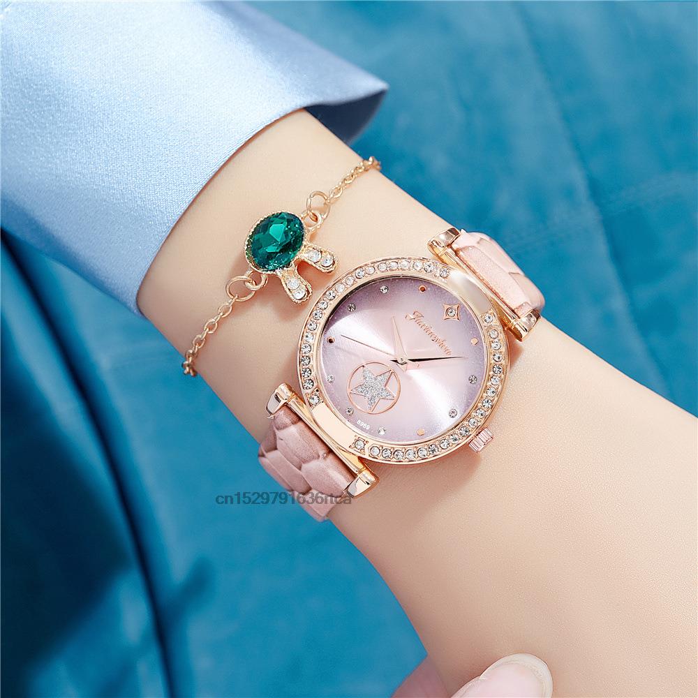 Diamond Studded Quartz Leather Wrist Watch