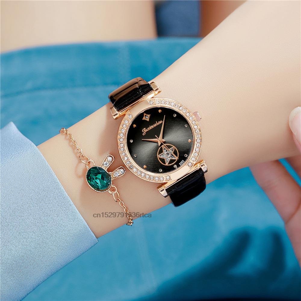 Diamond Studded Quartz Leather Wrist Watch