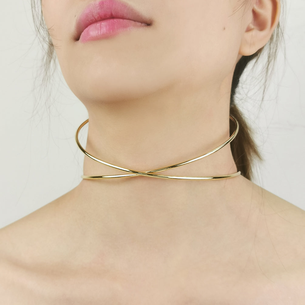 Two Metal Line Rigid Torque Choker Necklace