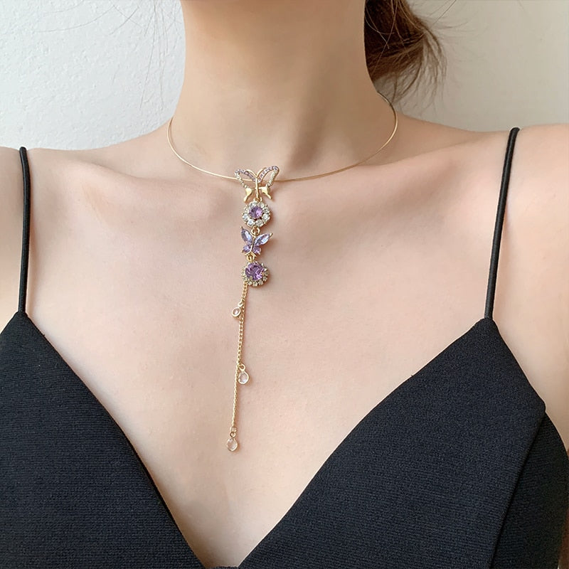 Monarch Metal Purple Crystal Butterfly Necklace