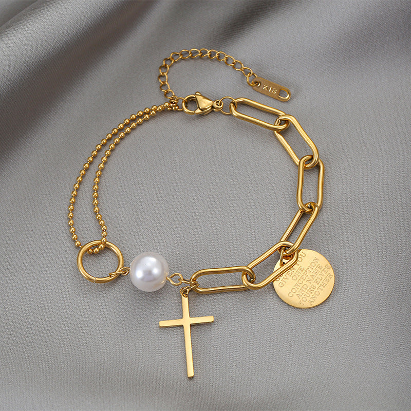 Gothic Stainless Steel Portrait Coin Cross Pearl Bracelet