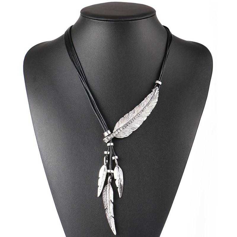 Rope Chain Feather Necklace/2-Pendant Necklaces-Kirijewels.com-Black & Silver-Kirijewels.com