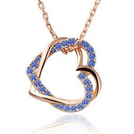 Austrian Crystal Double Heart Necklace-Necklace-Kirijewels.com-Silver Blue-Kirijewels.com