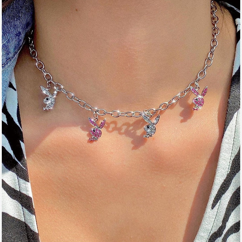 Daisy Rhinestone Stainless Steel Rabbit Necklace