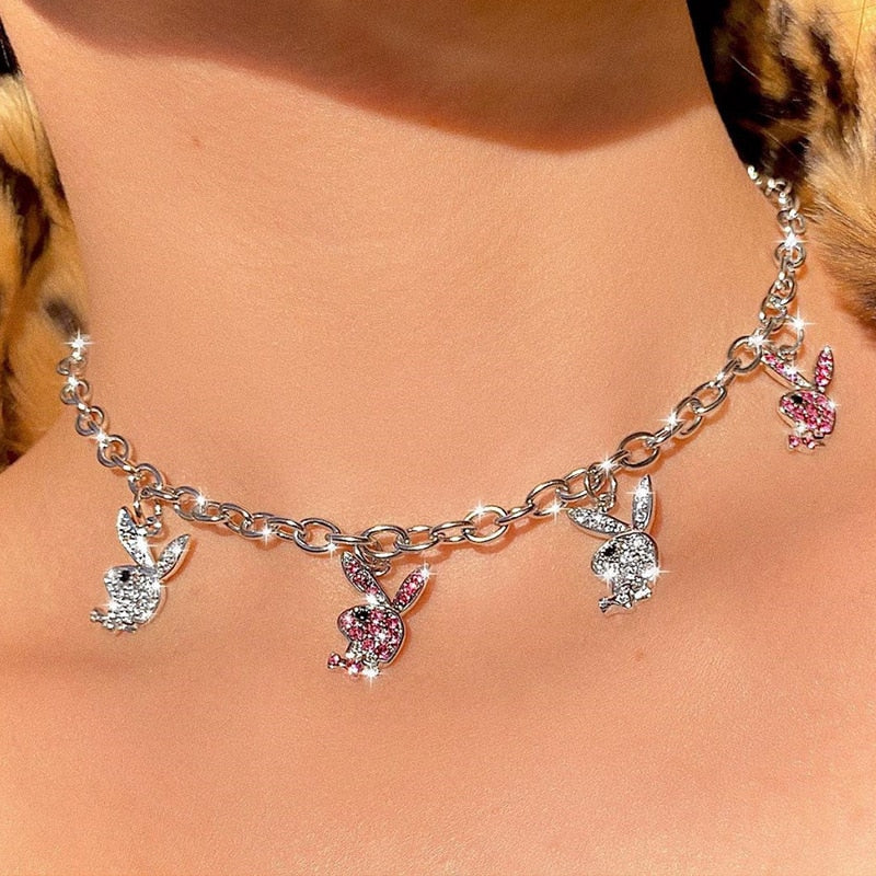 Daisy Rhinestone Stainless Steel Rabbit Necklace