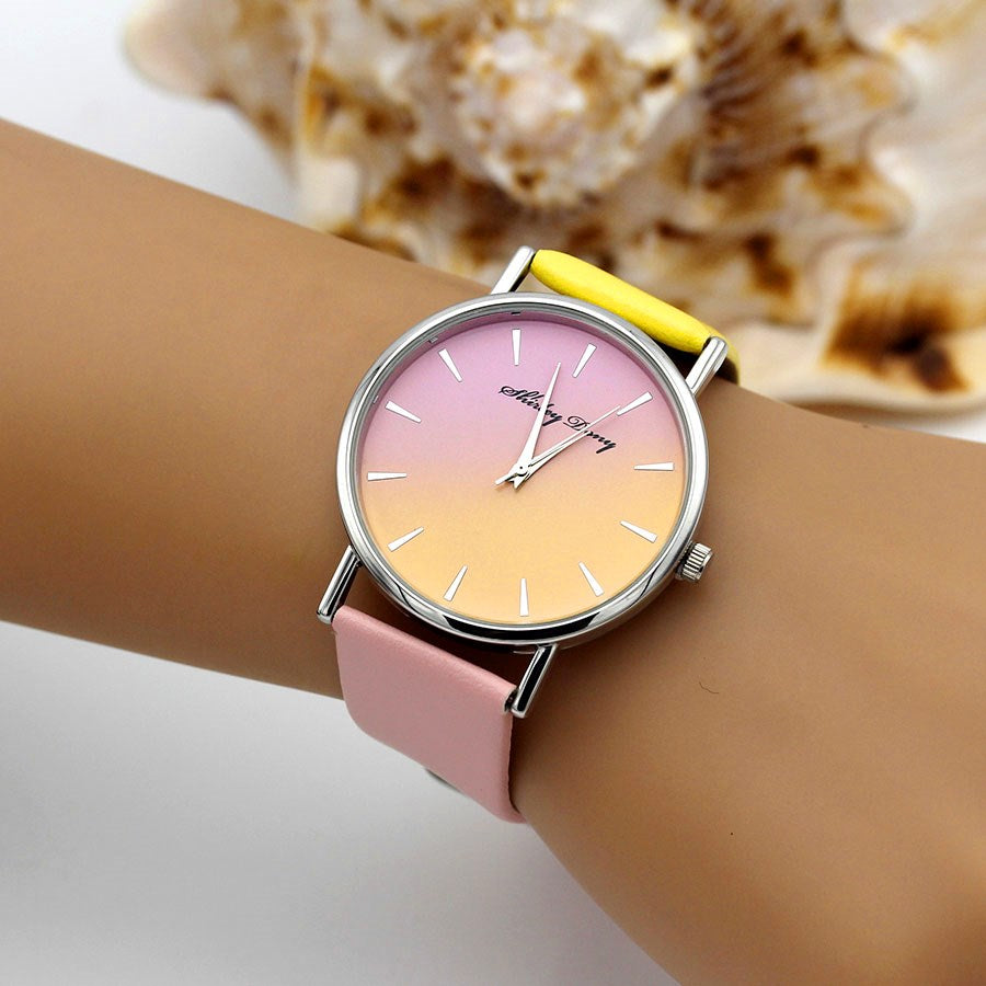 Gradient Ramp Casual Leather Band Rainbow Watch